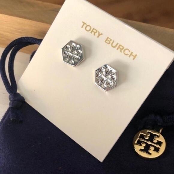 Tory Burch Jewelry - Tory Burch Hexagon Stud Earrings - Elegant Silver Design